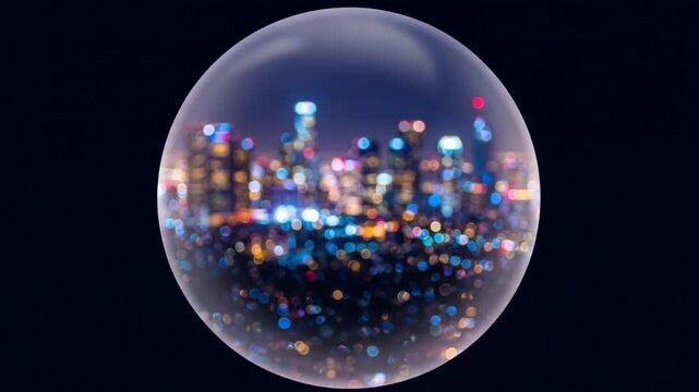 雪のように舞い散るカラフルな円形ボケが、光り輝く抽象的な都市の夜景を形成するループ映像。