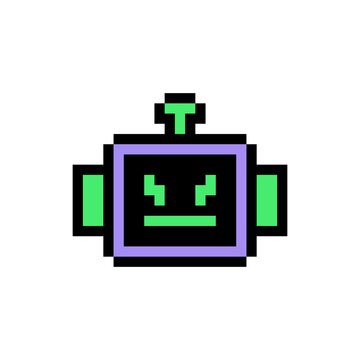 Pixel Art Robot Head Icon Retro 8 Bit Video Game Cyber Character Design