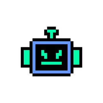 Retro 8 Bit Pixel Art Robot Head Icon Green and Blue Cyberpunk Cyborg Character Vector Illustration