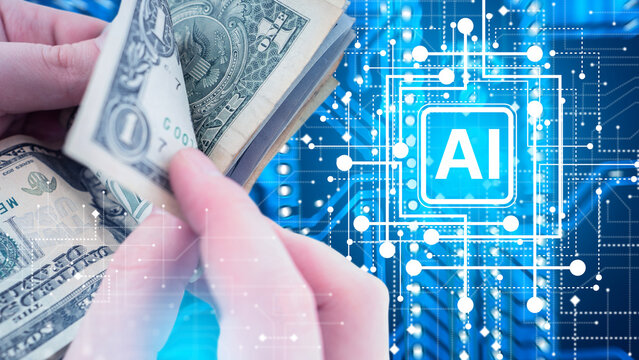 Artificial intelligence. Financial analyst evaluates AI investment opportunities, counting US dollar cash while assessing technology funding, digital assets and business growth.