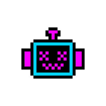 Retro 8 Bit Pixel Art Robot Icon in Cyberpunk Neon Pink and Cyan Colors