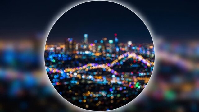 雪のように舞い散るカラフルな円形ボケが、光り輝く抽象的な都市の夜景を形成するループ映像。