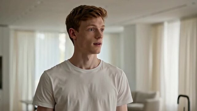 Young red-haired man in white t-shirt standing in bright modern living room, looking aside with a gentle smile and confident expression.