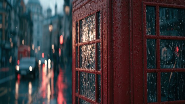 Rainy London Street: A classic red British telephone booth stands stoically on a wet city street, with blurred lights and a passing car reflecting in the puddles, creating a moody, atmospheric scene.