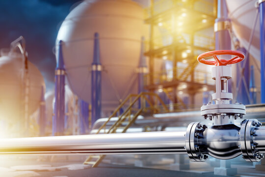 Gas processing. Industrial pipeline valve controls gas flow at an energy facility with storage tanks, supporting process safety, distribution and plant operations.