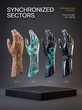 Futuristic robotic hands representing build care tech and mech sectors in workforce synergy concept