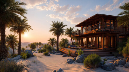 Fototapeta premium Unique wooden eco cabin in a desert oasis, surrounded by palm trees and crystal-clear water, golden sand dunes under dramatic sunset, luxury outdoor terrace, realistic architectural photography.