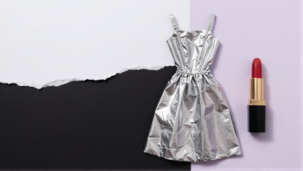 Fototapeta premium Silver dress and red lipstick on torn black-white background.