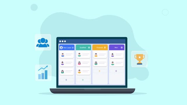 Modern flat vector animation of a laptop displaying a kanban task dashboard with team collaboration, performance analytics, achievement, and business workflow elements.