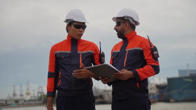 Port engineers checking cargo shipment data on digital tablet at harbor, Marine workers in safety gear discussing logistics, Harbor supervisors using paperwork for shipping and transport inspection