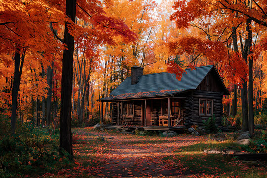 Rustic log cabin hidden among vibrant autumn maple trees, orange, red and yellow foliage, fallen leaves covering the ground, golden afternoon sunlight, peaceful countryside.