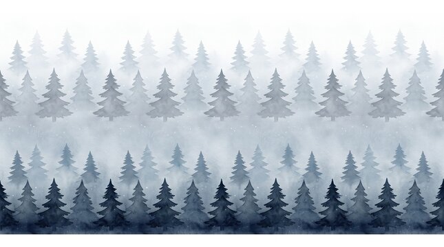 Seamless pattern with foggy spruce forest. Fir trees isolated on white background.