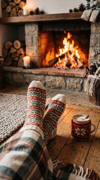 Feet in woollen socks by the Christmas fireplace. Woman relaxes by warm fire with a cup of hot drink and warming up her feet in woollen socks. Close up on feet. Winter and Christmas holidays concept. 