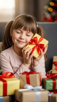 Joyful young girl holding a Christmas gift with eyes closed and a smile