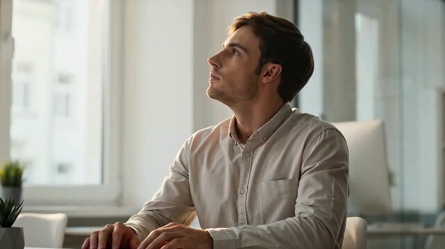 Focused businessman in a white shirt typing on a laptop in a bright modern office, looking up thoughtfully while seeking creative inspiration.