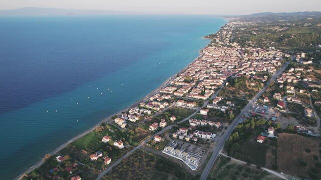 Aerial View Polichrono Beach and Coastal Town Halkidiki Greece