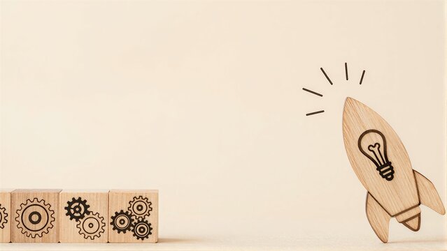 Wooden gears and rocket with lightbulb symbolize innovation, startup success, or new beginnings.