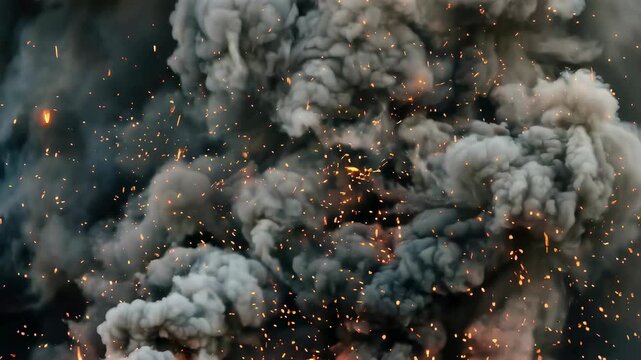 Massive explosion with fire and dark smoke in sky. Intense blast during combat mission. Large detonated war artillery shell. War zone destruction aftermath scene.