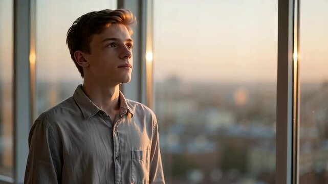 Teenage boy looking through a high-rise window at a sunset city skyline with a hopeful smile, warm golden hour lighting, contemplative atmosphere.