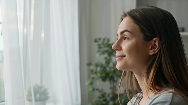 Side view profile of happy young woman smiling while looking out a bright window with white curtains in a sunlit interior.