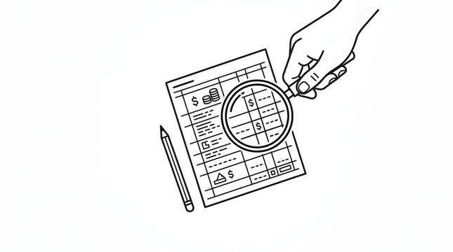 Hand Holding Magnifying Glass Over Financial Document with Pen on White Background