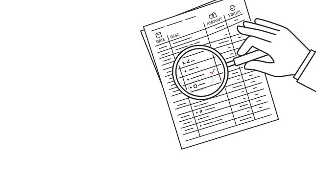 An overhead perspective, showing a hand with a magnifying glass hovering over a simplified financial ledger with copy space. 