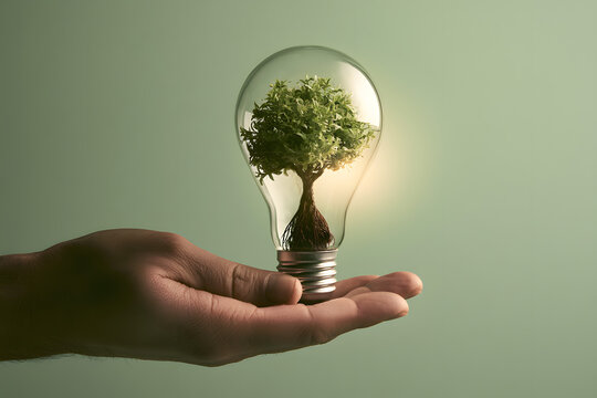 A hand holding a light bulb placed against a green background, showcasing energy savings and a shift towards solar and natural sources. Conserving energy benefits us and the planet.