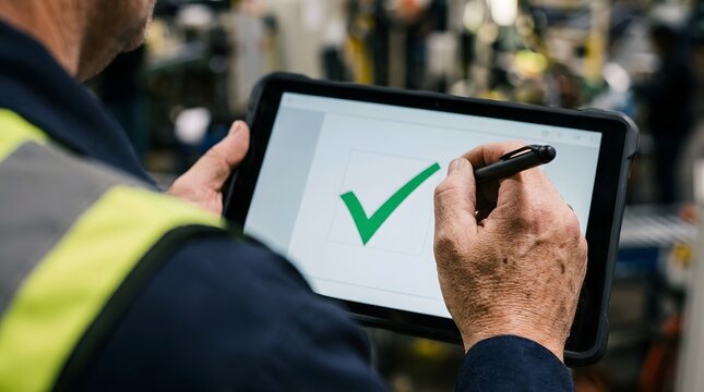 A factory supervisor making a checkmark gesture on a modern tablet screen in Industrial Setting. 