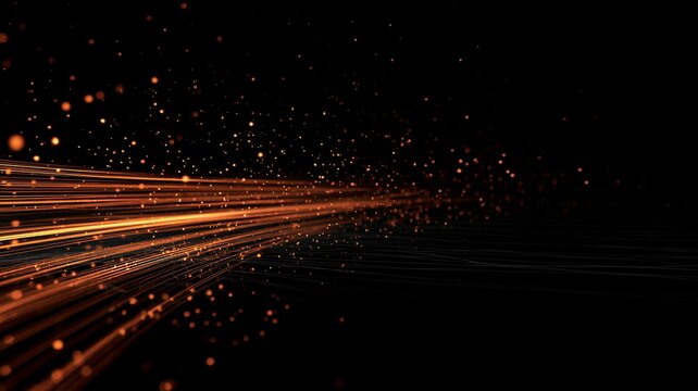 Abstract dynamic burst of glowing golden straight lines and flying sparks crossing dark space perfect for fast motion energy explosion and high tech digital communication backgrounds