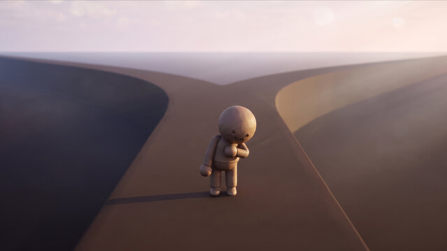 二手に分かれる幾何学的な一本道の前に前かがみになりうだつが上がらないクレイフィギュアのマスコット