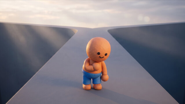 二手に分かれる幾何学的な一本道の前に前かがみになりうだつが上がらないクレイフィギュアのマスコット