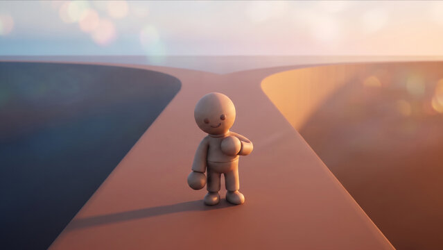 二手に分かれる幾何学的な一本道の前に前かがみになりうだつが上がらないクレイフィギュアのマスコット