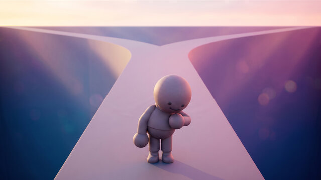 二手に分かれる幾何学的な一本道の前に前かがみになりうだつが上がらないクレイフィギュアのマスコット