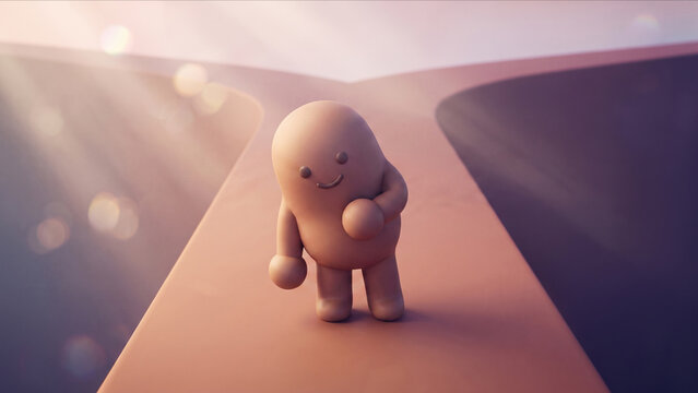 二手に分かれる幾何学的な一本道の前に前かがみになりうだつが上がらないクレイフィギュアのマスコット