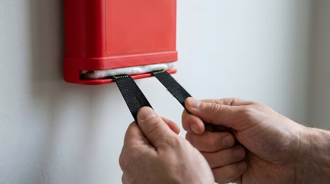 Hands gripping the black fabric pull tabs at the bottom of a red wall-mounted fire blanket container.