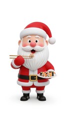 Fototapeta premium Santa Claus eating sushi with chopsticks and holding a plate of sushi rolls