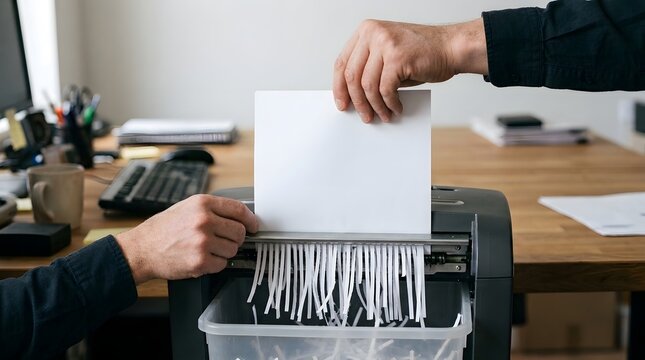 Businessman Using Paper Shredder in Office Environment with Desk Items