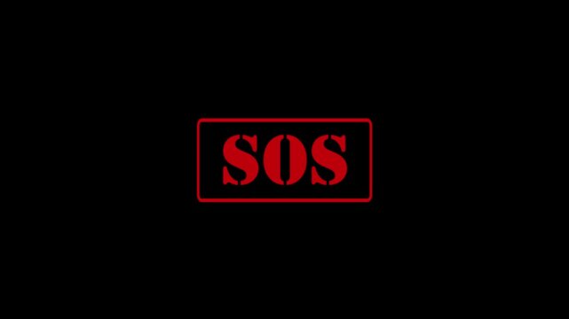 Animated "SOS" text inside a box, "SOS" written in red ink, bold text appearing with a single tap, dark background, 4K video.