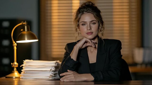 Young Banker Reviewing Mortgage Files at Wooden Desk