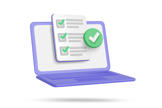 3d laptop with check list task form approved icon isolated on transparent background png rendering online exam test survey questionnaire form completed business success concept clipart illustration