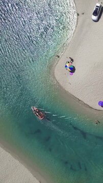 Aerial View Boat Sailing Turquoise Waters Glarokavos Beach Chalkidiki Greece