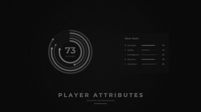 Player attributes interface showing gaming character statistics and level score