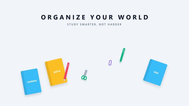 Stationery and school supplies flat lay animation for educational planning