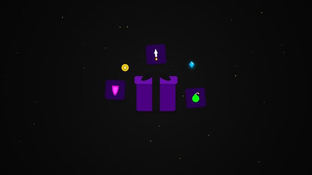 Video game loot box opening with floating icons and colorful digital rewards