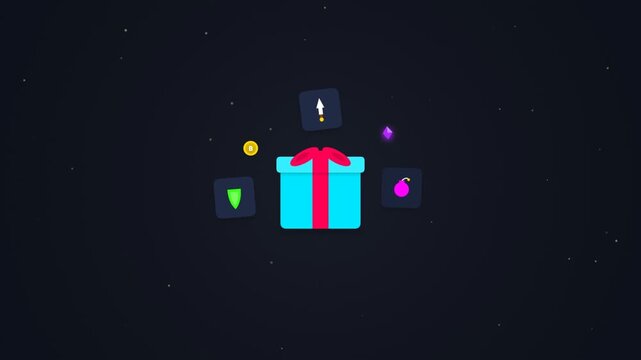 Gift box animation with floating game items and rewards for mobile gaming