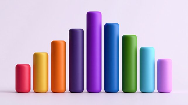 Colorful vertical rounded bar columns arranged in a row with increasing height to peak then decrease shows business growth statistical data