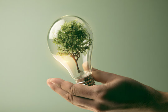 A hand holding a light bulb placed against a green background, showcasing energy savings and a shift towards solar and natural sources. Conserving energy benefits us and the planet.