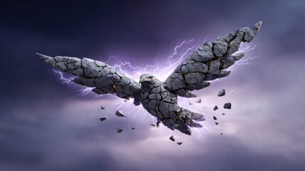 Obraz premium A stone eagle, powerful and majestic, soaring through a stormy sky, its wings casting a shadow as lightning strikes around it