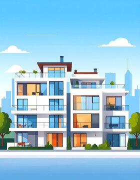 Modern residential apartment complex with balconies and garages.