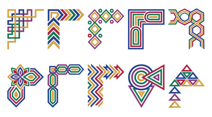 Obraz premium Set of Colorful Geometric Corner Ornaments Featuring Intricate Patterns and Border Designs